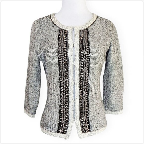 MM Couture Miss Me Black Ivory Mottled 3/4 Sleeve Beaded Cardigan Sweater M - Picture 1 of 3
